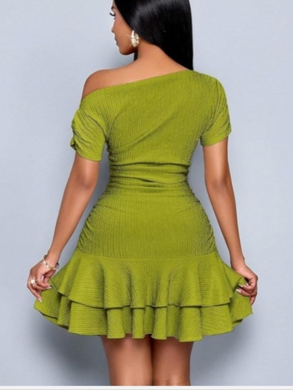 Off-Shoulder Olive Green Ribbed Ruffle Dress - Picture 7 of 7